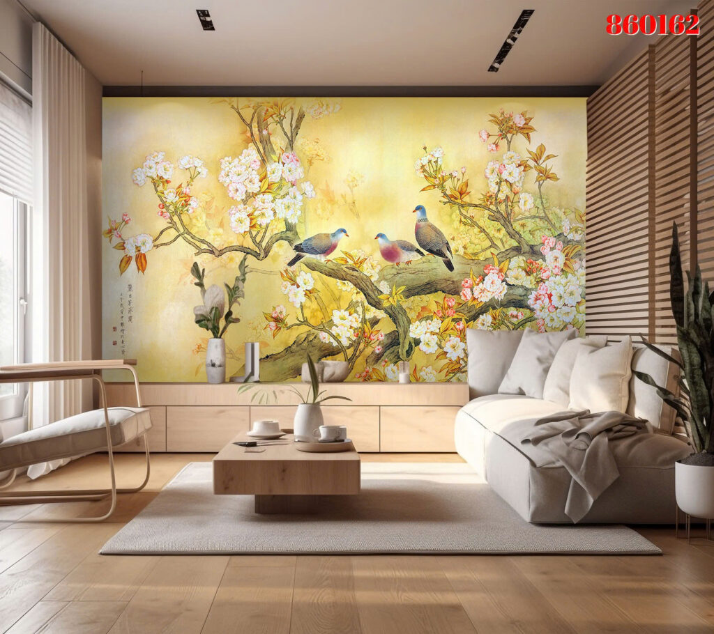 Tranh tráng gương 860162 — Chim hoa thư pháp