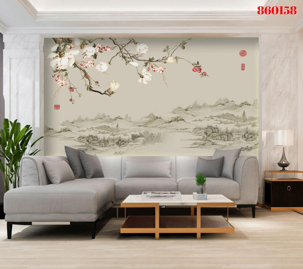 Tranh tráng gương 860158 — Sơn thủy hoa đỏ