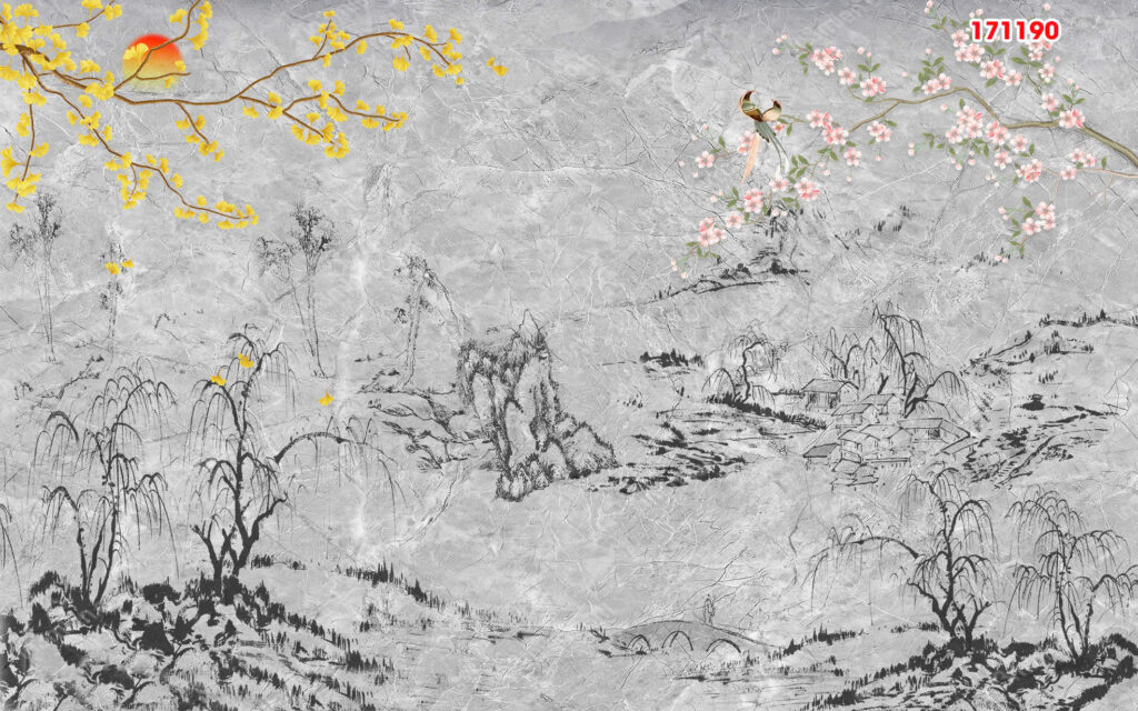Tranh tráng gương 171190 — Sơn thủy ginkgo