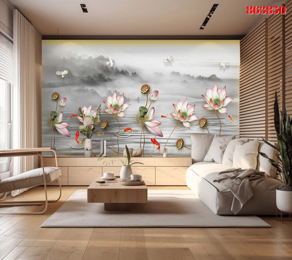 Tranh tráng gương 863850 — Hoa sen cá Koi