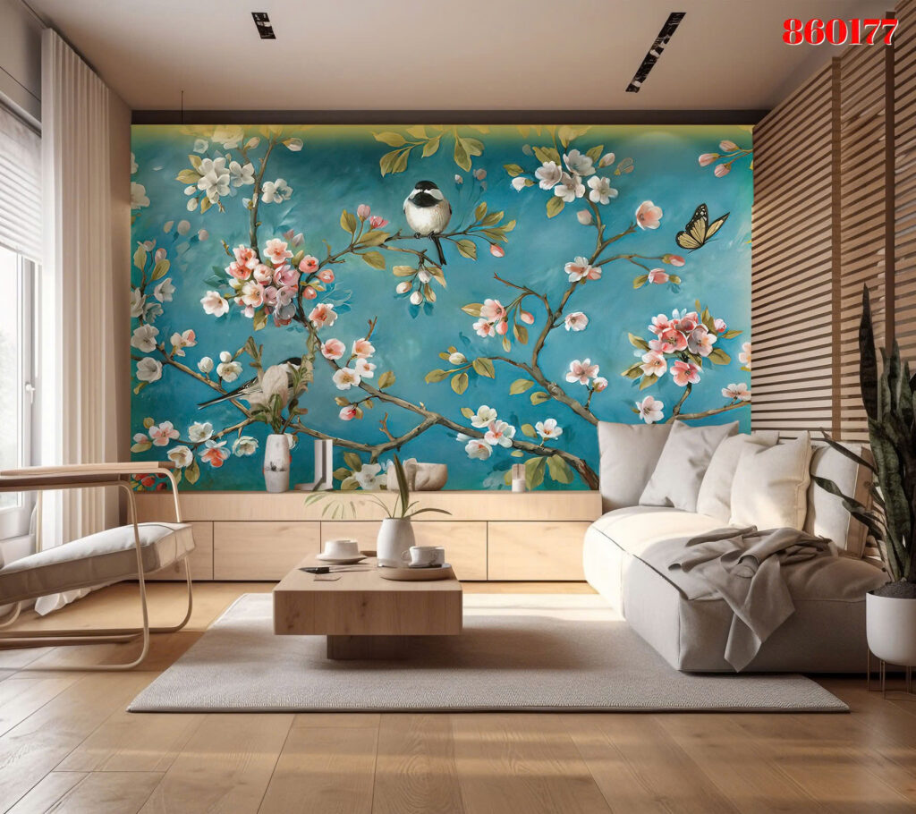 Tranh tráng gương 860177 — Hoa nền teal