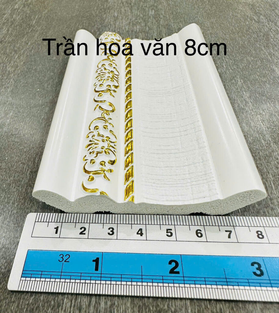 Phào chỉ nhựa PS trắng hoa văn vàng 8 cm — Nhật Thành Home
