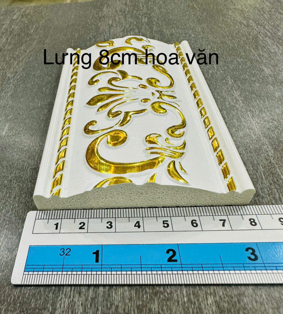 Phào chỉ nhựa PS trắng hoa văn vàng 8 cm — Nhật Thành Home