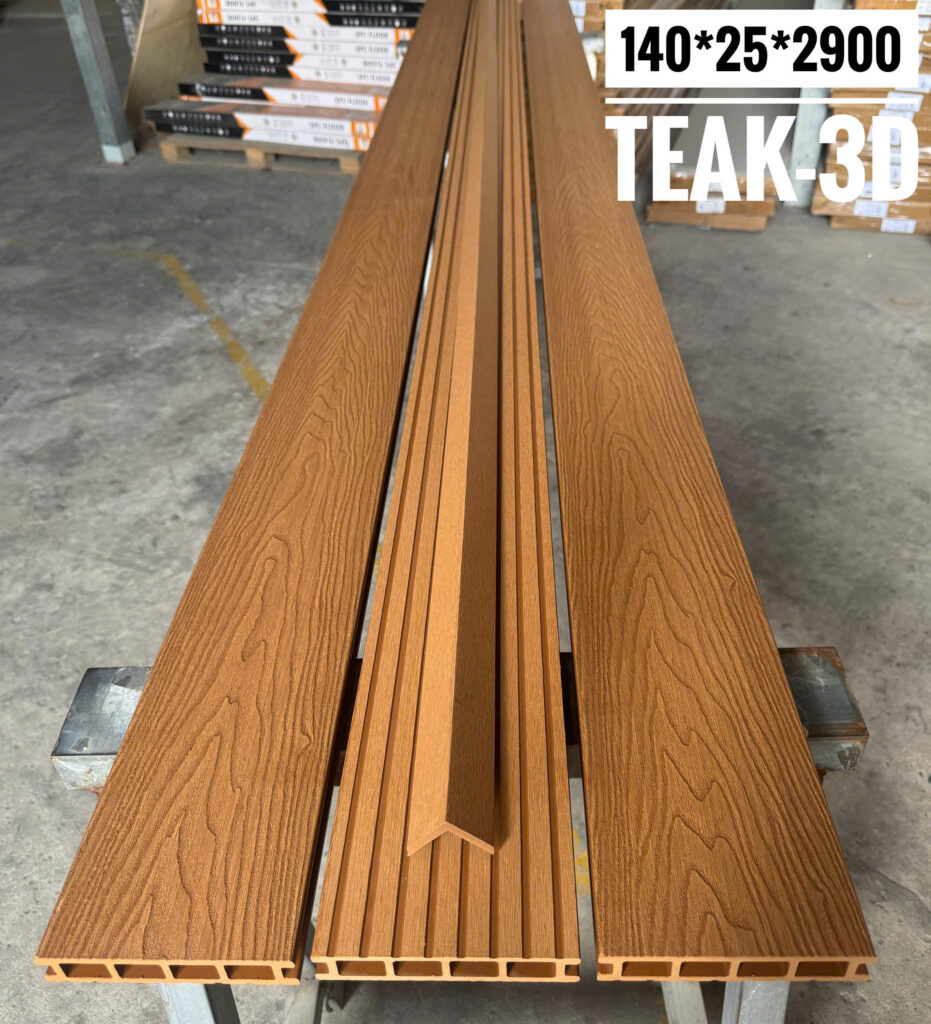 Sàn gỗ nhựa ngoài trời WPC 140×25×2900 mm tông Teak 3D — Nhật Thành Home